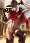  1girl absurdres artist_name ashe_(overwatch) belt blurry blurry_background bracelet breasts closed_mouth cowboy_hat dandon_fuga day earrings explosive fingerless_gloves gloves grenade gun hat highres holding holding_weapon jewelry lips lipstick looking_at_viewer makeup medium_breasts medium_hair mole_above_mouth nail_polish navel outdoors overwatch poncho pussy red_eyes red_lipstick rifle shiny smile solo tattoo weapon 