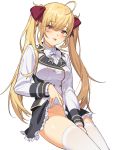  1girl :3 :p ahoge between_legs blonde_hair blush breasts eyebrows_visible_through_hair hair_ribbon hand_between_legs highres icarus_(632247131) lifted_by_self long_hair long_sleeves medium_breasts nijisanji no_panties pink_eyes ribbon school_uniform sidelocks simple_background sitting skirt skirt_lift solo takamiya_rion thighhighs tongue tongue_out twintails white_background white_legwear 