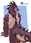  anthro big_butt bottomless butt claws clothed clothing dragon fangs hi_res looking_at_viewer looking_back male muscular negger patreon scalie shirt signature simple_background solo spines standing tank_top text topwear torn_clothing url watermark 