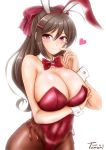  1girl animal_ears blush bow bowtie breasts brown_hair bunny_ears bunny_girl bunnysuit cleavage closed_mouth eyebrows_visible_through_hair fake_animal_ears hair_between_eyes hair_bow hair_ornament hair_ribbon hairclip highres kantai_collection large_breasts long_hair looking_at_viewer mamiya_(kantai_collection) pantyhose red_bow ribbon smile solo uratomomin 