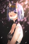  1girl bangs bare_shoulders blush bob_cut breasts cherry_blossoms collarbone eyeliner fangs fate/grand_order fate_(series) headpiece highres horns looking_at_viewer makeup oni oni_horns open_mouth petals pointy_ears purple_eyes purple_hair ran_s200 revealing_clothes short_eyebrows short_hair shuten_douji_(fate/grand_order) sidelighting small_breasts smile solo 