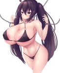  1girl areola_slip areolae bare_shoulders bdsm bikini black_bikini black_hair bound bound_wrists breasts brown_eyes chain cleavage covered_nipples curvy highres huge_breasts long_hair o-ring o-ring_bikini original solo swimsuit thick_thighs thighs twintails very_long_hair wide_hips yu-kinouhasu 