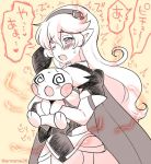  1girl @_@ armor blush cape corrin_(fire_emblem) corrin_(fire_emblem)_(female) electricity eromame fire_emblem fire_emblem_fates gen_2_pokemon gloves hair_between_eyes hair_ornament hairband holding long_hair open_mouth pichu pointy_ears pokemon pokemon_(creature) red_eyes smile translation_request 