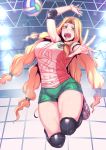  1girl black_legwear blonde_hair blush breasts elbow_pads fate/grand_order fate_(series) green_eyes headband highres jumping long_hair looking_at_viewer nakamura_regura open_mouth piercing quetzalcoatl_(fate/grand_order) shorts solo sportswear sweat teeth thighhighs tongue very_long_hair volleyball volleyball_net volleyball_uniform 