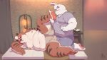  2019 anthro bed belly blush bottomwear butt clothing detailed_background duo felid fur furniture hi_res humanoid_hands lagomorph leporid male male/male mammal moobs navel nipples overweight overweight_male pantherine pants piero03432812 rabbit shirt shorts tiger topwear white_body white_fur 