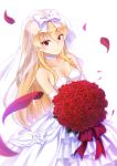  1girl absurdres arifureta_shokugyou_de_sekai_saikyou bangs bare_shoulders blonde_hair bouquet bow bridal_veil choker collarbone commentary_request dress eyebrows_visible_through_hair flower hakuya_kung highres holding holding_bouquet huge_filesize layered_dress long_hair petals red_eyes red_flower red_rose revision rose rose_petals simple_background solo strapless strapless_dress veil very_long_hair wedding_dress white_background white_bow white_choker white_dress yue_(arifureta) 