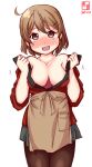  1girl ahoge alternate_costume apron artist_logo bandaid bandaid_on_face black_legwear blush breasts brown_apron brown_eyes brown_hair cleavage commentary_request cowboy_shot dated grey_skirt happi highres japanese_clothes kanon_(kurogane_knights) kantai_collection large_breasts nose_blush oboro_(kantai_collection) open_clothes pantyhose pleated_skirt short_hair simple_background skirt smile solo standing white_background 