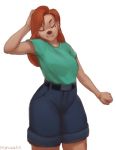  2019 anthro bottomwear breasts brown_hair canid canine canis clothed clothing disney domestic_dog female goof_troop hair hi_res long_hair mammal maruskha red_hair roxanne_(goof_troop) shirt shorts simple_background smile solo t-shirt tan_body tan_skin topwear white_background wide_hips 