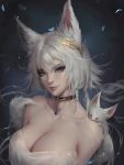  1girl absurdres animal animal_ears artist_name bare_shoulders blue_eyes braid breasts choker chuby_mi cleavage collarbone commentary english_commentary fox_ears highres lips looking_at_viewer medium_breasts nose original petals short_hair side_braid solo upper_body white_hair 