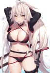  1girl ahoge armpits arms_behind_head bikini black_bikini black_choker black_jacket breasts choker cleavage commentary_request cropped_jacket day fate/grand_order fate_(series) jacket jeanne_d&#039;arc_(alter_swimsuit_berserker) jeanne_d&#039;arc_(fate)_(all) katana large_breasts long_hair muryotaro navel o-ring o-ring_bikini o-ring_bottom o-ring_top ocean outdoors rubber_band shrug_(clothing) silver_hair speech_bubble swimsuit sword thigh_strap tying_hair very_long_hair weapon white_hair white_sky yellow_eyes 