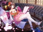  brown_hair butterfly fan japanese_clothes seero thighhighs 