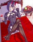 1girl alcohol alternate_costume apple bangs black_bow black_dress black_legwear blush bob_cut bow breasts cherry corset cross-laced_clothes crossed_legs cup dress drinking_glass eating eyeliner fate/grand_order fate_(series) feet food frills fruit fruit_bowl grapes hair_bow highres horns juliet_sleeves knees_up kusakabe_eria legs long_sleeves looking_at_viewer lying makeup on_back on_bed oni oni_horns open_mouth pantyhose pillow puffy_sleeves purple_eyes purple_hair short_eyebrows short_hair shrug_(clothing) shuten_douji_(fate/grand_order) small_breasts smile solo strawberry wine wine_glass 