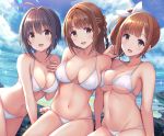  3girls :d ahoge arm_support arms_behind_back bangs bare_arms bare_shoulders bikini black_hair blush braid breasts brown_eyes brown_hair character_request cleavage cloud collarbone commentary_request day eyebrows_visible_through_hair hair_intakes hair_ribbon hand_on_own_chest highres idolmaster idolmaster_cinderella_girls leaning_to_the_side long_hair looking_at_viewer medium_breasts multiple_girls navel ocean open_mouth outdoors ribbon rock short_hair side_braid side_ponytail sitting smile sparkle stomach swimsuit u_rin underboob water white_bikini white_ribbon 