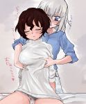  2girls akaboshi_koume bangs blue_eyes blush breast_grab breath brown_hair food_print girls_und_panzer grabbing groping hair_between_eyes highres itsumi_erika long_hair long_sleeves multiple_girls open_mouth panties print_panties shirt short_hair silver_hair strawberry_panties strawberry_print sweat toku_(yhpv8752) translation_request underwear wavy_hair yuri 