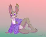  &lt;3 2019 bedroom_eyes beverage bottomless clothed clothing coffee crombie digital_media_(artwork) dipstick_ears disney eyebrows eyelashes female full-length_portrait fur grey_body grey_fur half-closed_eyes happy holding_cup holding_object inviting judy_hopps lagomorph leporid looking_at_viewer mammal multicolored_body multicolored_ears multicolored_fur naughty_face portrait pose presenting presenting_pussy purple_eyes pussy rabbit seductive signature smile solo sweater text topwear white_body white_fur zootopia 