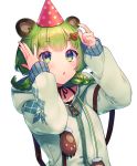  1girl animal_ear_fluff animal_ears animare bangs bbbannooo bear_ears bear_hair_ornament blush braid collarbone green_eyes green_hair green_hoodie hair_ornament hairclip hat hinokuma_ran hood hood_down hoodie long_sleeves looking_up medium_hair parted_lips party_hat solo transparent_background twin_braids upper_body virtual_youtuber zipper zipper_pull_tab 