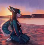  2019 4_toes 5_fingers anthro canid canine clothed clothing day detailed_background digital_media_(artwork) eyebrows eyelashes female fingers kneeling lukiri mammal outside sky toes 