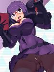  1girl ass_visible_through_thighs bangs bar_censor blunt_bangs blush boris_(noborhys) breasts censored cleavage covered_navel dress elite_four from_below glasses gloves highres holding looking_at_viewer no_panties open_mouth pantyhose pen pokemon pokemon_(game) pokemon_masters purple_dress purple_eyes purple_gloves purple_hair pussy shikimi_(pokemon) short_hair solo sweatdrop 