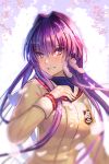  1girl clannad dappled_sunlight day fujibayashi_kyou hair_between_eyes hair_intakes hair_ribbon hand_up highres hikarizaka_private_high_school_uniform lanzer long_hair long_sleeves looking_at_viewer outdoors purple_eyes purple_hair ribbon school_uniform smirk solo sunlight upper_body very_long_hair white_ribbon 