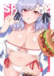  1girl :t absurdres asymmetrical_bangs bangs bare_shoulders belly bikini black_ribbon breasts character_name chewing cleavage collarbone cowboy_shot curvy eating english_commentary eyebrows_visible_through_hair eyepatch_bikini flower food girls_frontline hair_flower hair_ornament hair_ribbon hamburger highres holding holding_food large_breasts looking_at_viewer nail_polish navel off_shoulder open_track_jacket plump red_eyes ribbon shiny shiny_hair shiny_skin short_twintails side-tie_bikini signature silver_hair skindentation solo spas-12_(girls_frontline) strapless strapless_bikini swimsuit symbol_commentary thick_thighs thigh_strap thighs twintails wide4358 wide_hips 