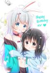  2girls animal_ears aqua_jacket bangs bare_shoulders black_hair blue_eyes blue_jacket blush bow breasts brown_choker bunny_ears cameltoe choker cleavage commentary deyui drawstring eyebrows_visible_through_hair floral_background flower grey_eyes grey_hair hair_between_eyes hair_ornament hairclip happy_birthday heart highres hood hood_down hooded_jacket hug jacket long_hair long_sleeves looking_at_viewer looking_to_the_side midriff multiple_girls navel off_shoulder open_clothes open_jacket original outstretched_arm parted_lips petals red_bow sleeves_past_wrists small_breasts upper_teeth very_long_hair white_background white_camisole white_flower 