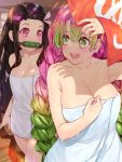  2girls :d arm_up bangs bare_shoulders bit_gag black_legwear blush braid breasts cleavage collarbone commentary_request facial_mark forehead_mark gag gagged gradient_hair green_eyes green_hair hair_ribbon hand_on_own_chest highres kamado_nezuko kanroji_mitsuri kimetsu_no_yaiba lens_flare long_hair looking_at_viewer looking_back medium_breasts mole mole_under_eye multicolored_hair multiple_girls nail_polish naked_towel open_mouth pink_eyes pink_hair pink_nails pink_ribbon red_hair ribbon sidelocks smile sparkle towel twin_braids upper_teeth very_long_hair water_drop waterring wavy_hair wet 