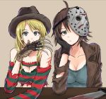  2girls a_nightmare_on_elm_street bangs black_bra black_headwear black_jacket blonde_hair blood bloody_weapon blue_eyes blue_shirt bored bra breasts brown_background brown_hair chin_rest claws cleavage closed_mouth commentary_request elbow_rest eyebrows_visible_through_hair fedora freddy_krueger friday_the_13th frown genderswap genderswap_(mtf) hat hockey_mask jacket jason_voorhees large_breasts long_hair long_sleeves looking_at_viewer machete multiple_girls mutsu_(layergreen) off-shoulder_shirt off_shoulder open_clothes open_jacket red_shirt scratches shirt short_hair simple_background smile striped striped_shirt torn_clothes torn_jacket torn_shirt underwear weapon 