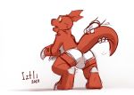  2019 3_fingers 3_toes anthro balls_outline briefs butt claws clothing digimon digimon_(species) fingers guilmon iztli looking_back male red_body red_skin scalie signature simple_background solo_focus toes underwear white_background 