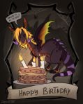  2019 birthday birthday_cake blonde_hair cake claws digital_media_(artwork) dragon food hair happy_birthday hi_res horn membrane_(anatomy) membranous_wings scalie spines western_dragon wings zazush-una 