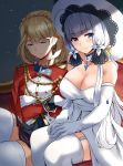  2girls aiguillette azur_lane bangs blonde_hair blue_eyes blush braid breasts cape cleavage closed_eyes crossed_arms crown_braid dress earrings elbow_gloves eyebrows_visible_through_hair gloves hair_ornament hat highres illustrious_(azur_lane) interior jacket jewelry lace_trim large_breasts long_hair looking_at_viewer military military_uniform mole mole_under_eye multiple_girls nikek96 prince_of_wales_(azur_lane) red_cape red_jacket ribbon short_hair sitting skirt smile strapless strapless_dress sun_hat thighhighs uniform white_dress white_gloves white_hair white_headwear white_legwear 