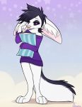  2019 4_toes aseethe barefoot black_hair black_sclera canid canine clothed clothing digital_media_(artwork) eyebrows eyelashes fennec fingers fox fur hair mammal pink_nose standing toes white_body white_fur 