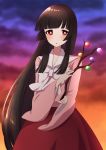  1girl bangs black_hair blunt_bangs branch bright_pupils cloud cloudy_sky commentary_request evening highres hime_cut houraisan_kaguya japanese_clothes jeweled_branch_of_hourai kimono long_hair long_sleeves looking_at_viewer outdoors parted_lips red_eyes sidelocks sky solo standing straight_hair touhou tsukimirin white_pupils wide_sleeves 