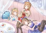  3girls breasts cake cleavage commentary_request cookie couch creator_connection double_bun food girls_frontline hair_ribbon hairband k-2_(girls_frontline) lap_pillow lying multiple_girls pantyhose plate poe_(528yuzunon) rfb_(girls_frontline) ribbon suomi_kp31_(girls_frontline) 