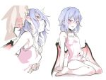  1boy 1girl asutora bare_legs barefoot biting blue_hair blush camisole commentary commentary_request demon_wings ear_biting heart hetero holding_hands implied_sex interlocked_fingers multiple_views partial_commentary petite pink_camisole pointy_ears red_eyes remilia_scarlet short_hair simple_background thighs touhou translated white_background wings 