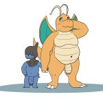  1:1 2019 absurd_res anthro baron_montesque black_hair blush claws deino digital_media_(artwork) dragon dragonite duo flaccid hair hand_holding hi_res male male/male moobs nintendo nude overweight overweight_male penis pok&eacute;mon pok&eacute;mon_(species) scalie shy simple_background size_difference smile video_games white_background wings 