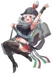  1girl absurdres arm_up arm_warmers armpits asymmetrical_bangs bangs bare_shoulders between_breasts black_footwear black_legwear black_ribbon boots breasts commentary_request flag_print from_side full_body girls_frontline hair_ribbon hat high_heel_boots high_heels highres italian_flag large_breasts looking_at_viewer microskirt miniskirt navel open_mouth red_eyes ribbon silver_hair skirt sleeveless spas-12_(girls_frontline) stomach thighhighs thighs uleuleuleu white_background zettai_ryouiki 