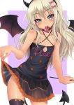  1girl absurdres bat_wings blonde_hair blue_eyes blush bow condom condom_in_mouth demon_girl demon_horns demon_tail demon_wings dress eyebrows_visible_through_hair grecale_(kantai_collection) hair_between_eyes hair_ornament hair_ribbon halloween happy_halloween highres horns kantai_collection lifted_by_self long_hair looking_at_viewer makura_(user_jpmm5733) mouth_hold ribbon sleeveless sleeveless_dress smile solo succubus tail two-tone_background wavy_hair wings 