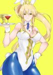  1girl ahoge artoria_pendragon_(all) artoria_pendragon_(swimsuit_ruler)_(fate) bangs bare_shoulders between_breasts blonde_hair blue_neckwear breasts bunnysuit card cleavage closed_mouth cocktail_glass commentary_request contrapposto cup detached_collar drinking_glass eyebrows_visible_through_hair fate/grand_order fate_(series) fishnet_legwear fishnets frown hair_between_eyes hand_on_hip highres holding holding_tray holy_grail_(fate) idoke_kaeru leotard long_hair long_ponytail looking_at_viewer necktie necktie_between_breasts pantyhose playing_card ponytail sidelocks simple_background solo standing tray wrist_cuffs yellow_background yellow_eyes 