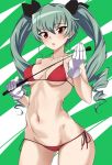  1girl anchovy ass_visible_through_thighs bangs bikini black_ribbon breasts commentary cowboy_shot drill_hair eyebrows_visible_through_hair girls_und_panzer gloves green_background green_hair groin hair_ribbon holding long_hair looking_at_viewer lowleg lowleg_bikini medium_breasts navel open_mouth paburisiyasu red_eyes ribbon riding_crop side-tie_bikini solo standing string_bikini swimsuit twin_drills twintails white_gloves 