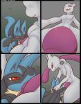  2019 absurd_res anthro anthro_on_anthro blue_body blue_fur blush butt close-up comic curvy_figure deep_throat duo fur hand_on_head hi_res kneeling kuroodod legendary_pok&eacute;mon leo_(kuroodod) low-angle_view lucario male male/male mewtwo nintendo nude oral penis pok&eacute;mon pok&eacute;mon_(species) purple_eyes red_eyes video_games voluptuous white_body 