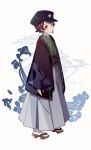  1boy 2019 artist_name black_headwear brown_eyes brown_footwear brown_hair captain_yue closed_mouth earrings full_body geta green_kimono grey_background grey_hakama hakama hat highres japanese_clothes jewelry kamado_tanjirou kimetsu_no_yaiba kimono long_sleeves looking_at_viewer male_focus open_clothes peaked_cap sleeves_past_wrists smile socks solo standing white_legwear wide_sleeves 