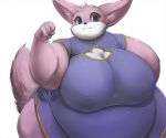  anthro belly better_version_at_source big_belly big_breasts black_nose blue_eyes breasts cleavage clothed clothing dress eyeshadow female fur huge_breasts lagomorph leporid looking_at_viewer makeup mammal obese obese_female overweight overweight_female pink_body pink_fur rabbit sappanwood simple_background smile solo standing thick_thighs white_background yosioka_san 