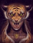  ambiguous_gender animal_skin bodily_fluids fangs felid fur green_eyes human jewelry looking_at_viewer mammal mmwoodcock necklace open_mouth orange_body orange_fur pantherine pink_nose saliva snarling solo striped_body striped_fur stripes tiger transformation whiskers 