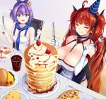  2girls :q azur_lane bangs bare_shoulders black_ribbon blush breasts cleavage closed_eyes collarbone crown cup elbow_gloves eyebrows_visible_through_hair food food_on_face fork fruit gloves green_eyes hair_between_eyes hair_ornament hair_ribbon hat highres holding holding_fork holding_knife honolulu_(azur_lane) irohasu javelin_(azur_lane) knife large_breasts long_hair manjuu_(azur_lane) mini_crown multiple_girls open_mouth pancake pizza plate ponytail purple_hair red_hair ribbon sitting smile strawberry table tongue tongue_out twintails very_long_hair 