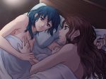  2girls blue_eyes breasts brown_hair byleth_(fire_emblem) byleth_(fire_emblem)_(female) dorothea_arnault fire_emblem fire_emblem:_three_houses green_eyes green_hair highres lips long_hair lying motonaka_kei multiple_girls on_bed on_side smile yuri 