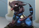 2016 anthro bathroom bdsm black_body black_collar black_fur blue_body blue_fur bodily_fluids bondage bound chastity_cage chastity_device collar digital_media_(artwork) dirty forced fur gag genital_fluids kurou-karasu lucario male nintendo open_mouth pee_drinking peeing pok&eacute;mon pok&eacute;mon_(species) red_eyes ring_gag rubber slave solo_focus submissive submissive_male tongue tongue_out urinal urine video_games watersports yellow_body yellow_fur 