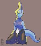  2019 anthro biped blue_body butt digital_media_(artwork) female flat_chested half-closed_eyes hi_res intelleon lizard long_tail looking_at_viewer nintendo nude pok&eacute;mon pussy reptile scalie simple_background smile solo theserg unknown_pok&eacute;mon video_games yellow_eyes 