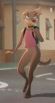  2016 4_fingers 4_toes anthro backpack biped blue_eyes bottomless brown_body brown_fur brown_nose brown_tail canid canine canis clothed clothing collar cub cynthia_(zaush) digital_media_(artwork) domestic_dog eyebrows female fingers flat_chested fur hi_res mammal multicolored_tail navel on_one_leg one_ear_up simple_background smile solo standing toes translucent translucent_clothing white_background young zaush 