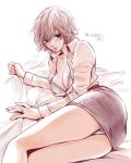  1girl bed_sheet blush breasts brown_hair character_name cleavage copyright_name date_madoka fingernails hare-kon. jewelry jpeg_artifacts lips looking_at_viewer lying messy_hair non_(mangaka) on_side open_clothes open_shirt panties pantyshot pencil_skirt ring short_hair simple_background skirt solo sweat underwear wedding_ring white_background 