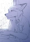  anthro arm_support black_nose building canid canine cheek_tuft city clothed clothing dipstick_ear disney dogear218 face_tuft fox glass inner_ear_fluff inside leaning_on_elbow light lighting mammal necktie nick_wilde raining shirt sitting sketch solo topwear tree tuft window zootopia 
